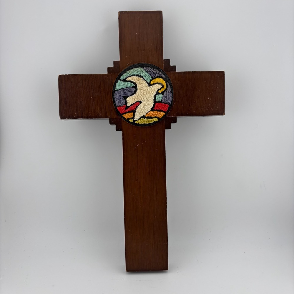 The Creative Circle Wood Wall Cross Brown Excellent Embroidered Dove Religious
